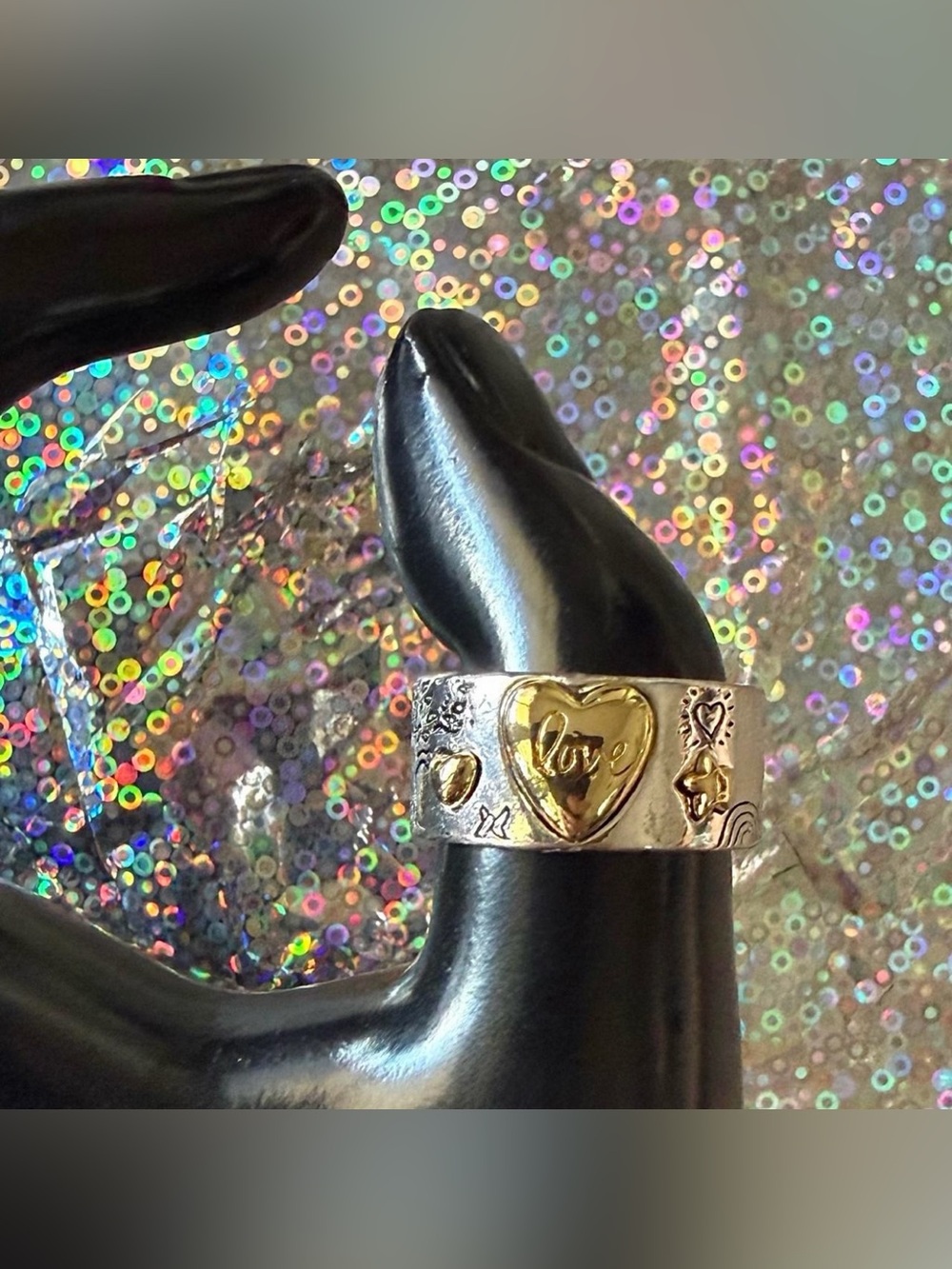 Whimsical Vintage-Style Artisan "Love" Heart Wide Band Ring 7